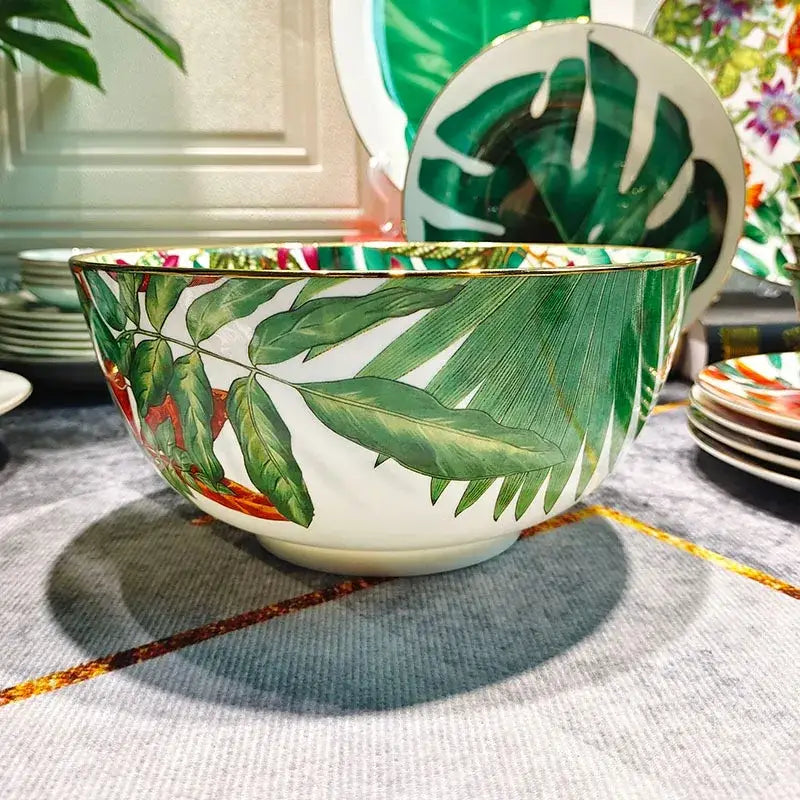 Tropical green & yellow leaf collection porcelain tea set dining room