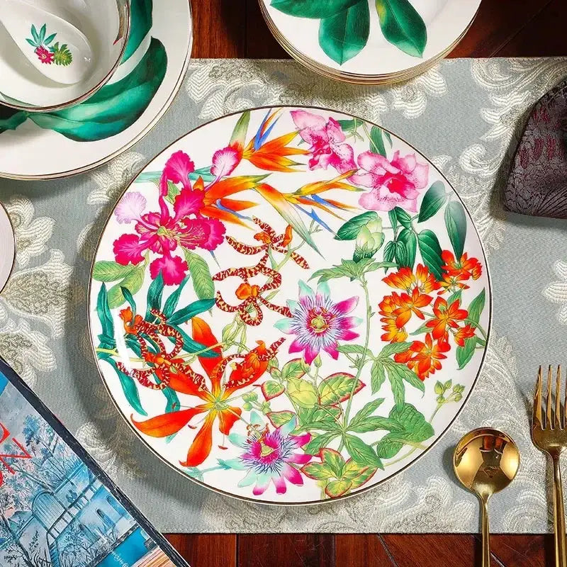 Tropical green & yellow leaf collection porcelain tea set dining room
