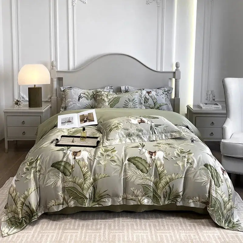 Tropical sage green printed faux silk bedding set bedroom comfort