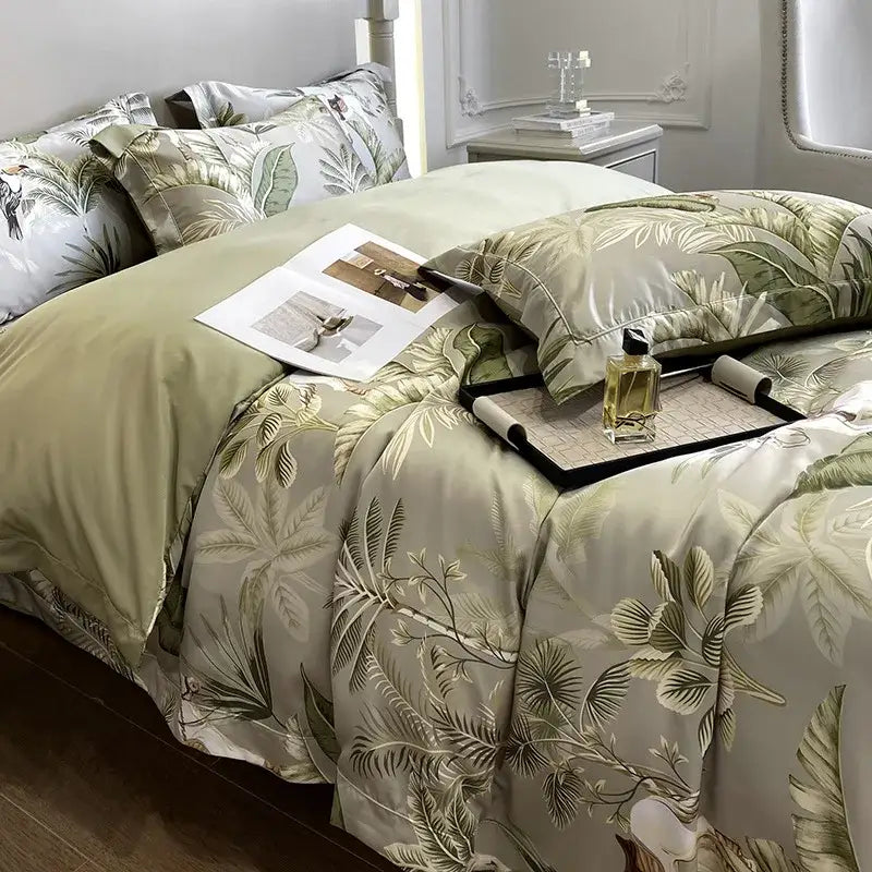 Tropical sage green printed faux silk bedding set bedroom comfort