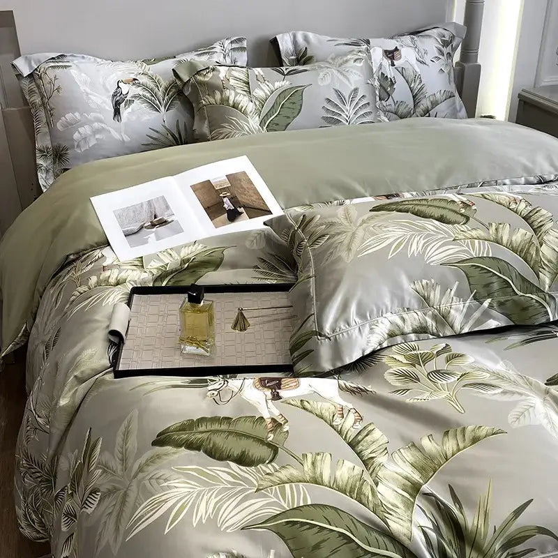 Tropical sage green printed faux silk bedding set bedroom comfort