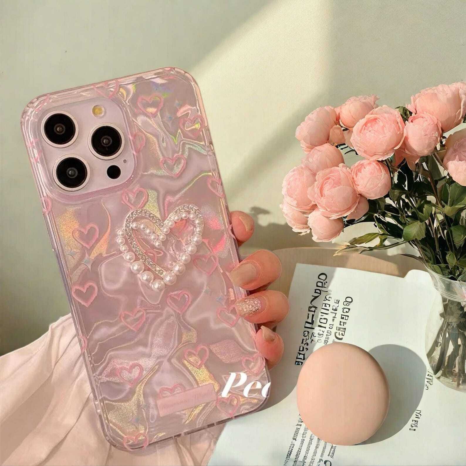 Romantic Pink Heart Butterfly Lustre Lining Hard Case for iPhone 16 Plus 15 Pro 14 Pro Max 13 12 11 - Stylish Protective Phone Cover