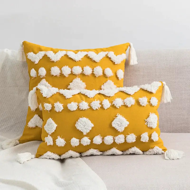 DecorBites™ Boho Style Tufted Tassels Yellow Cushion Cover for Home Decor