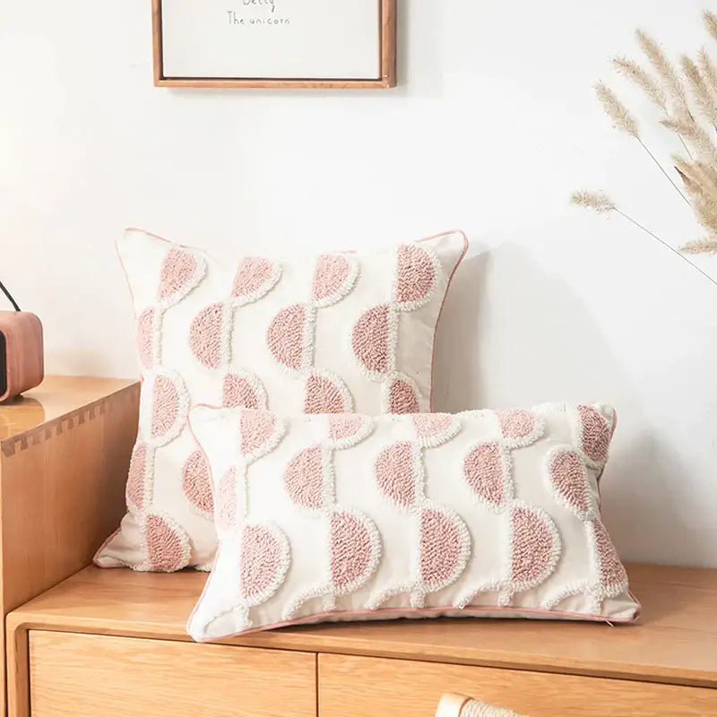 Tufted white & blush pink cotton loop cushion cover living room