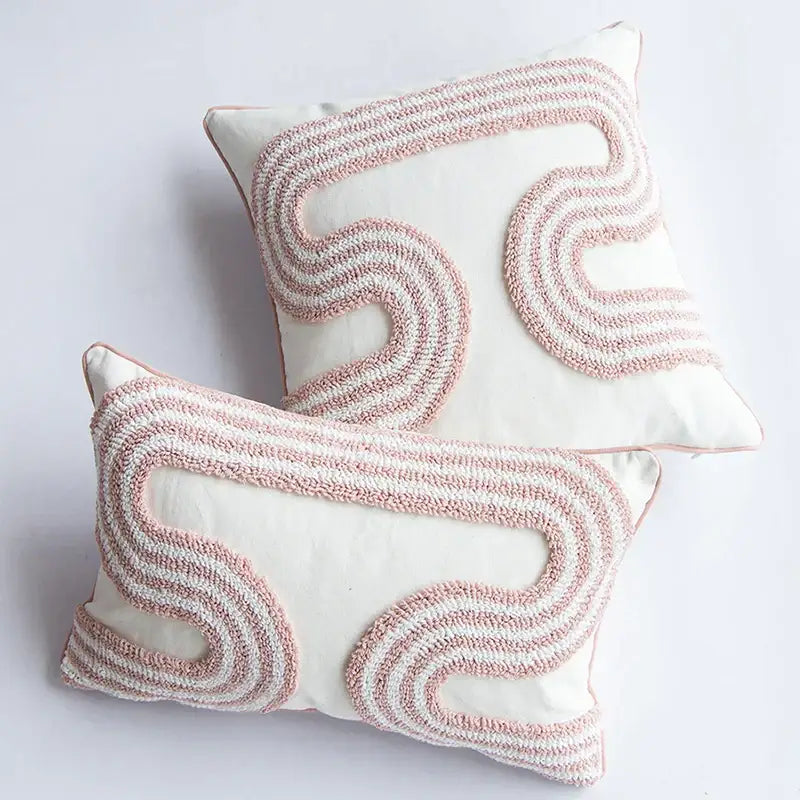 Tufted white & blush pink cotton loop cushion cover living room