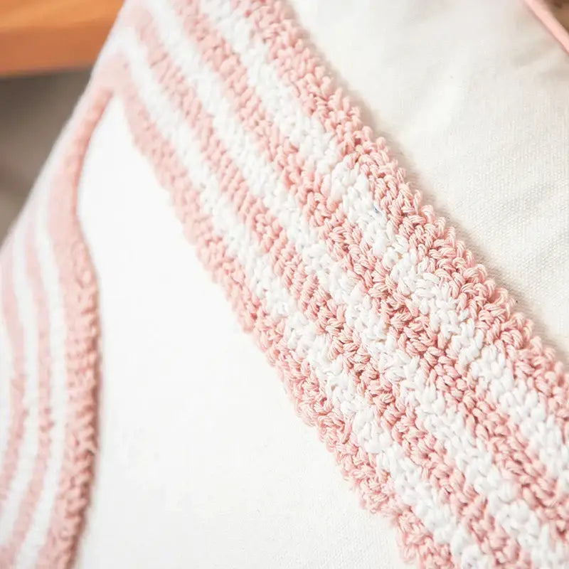 Tufted white & blush pink cotton loop cushion cover living room