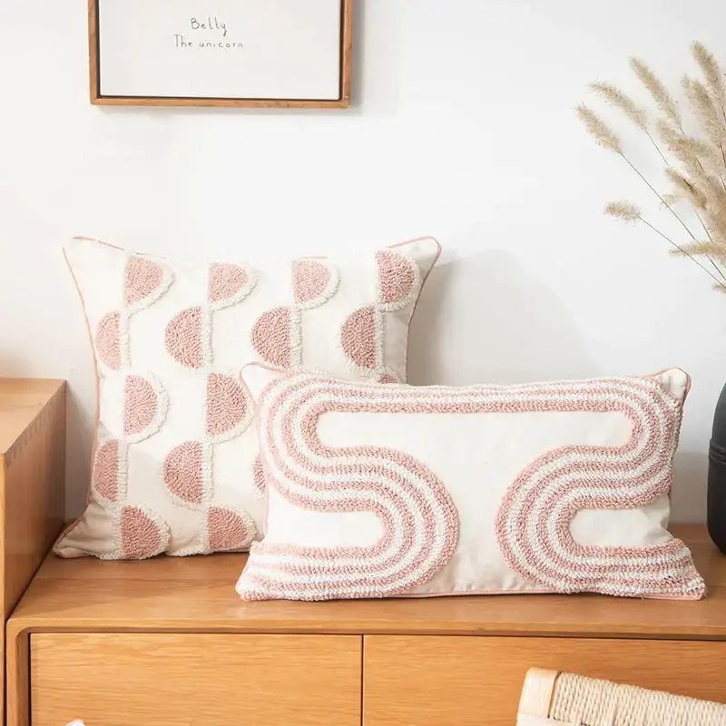 Tufted white & blush pink cotton loop cushion cover living room