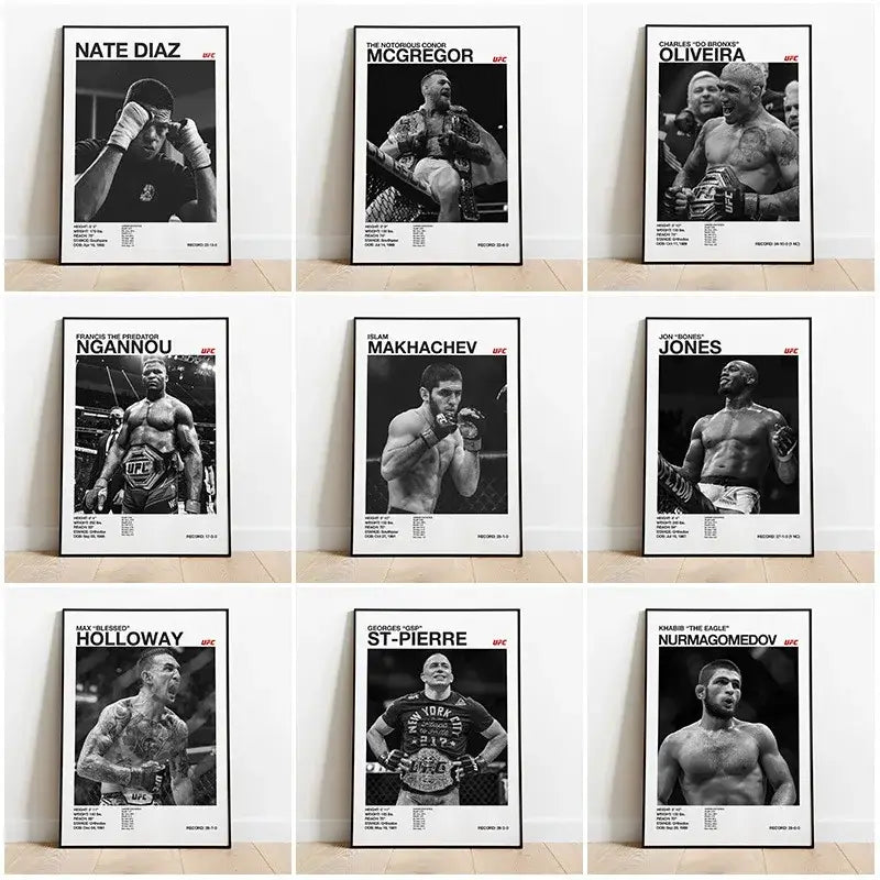 Set of 9 black and white ufc canvas print gym wall decor
