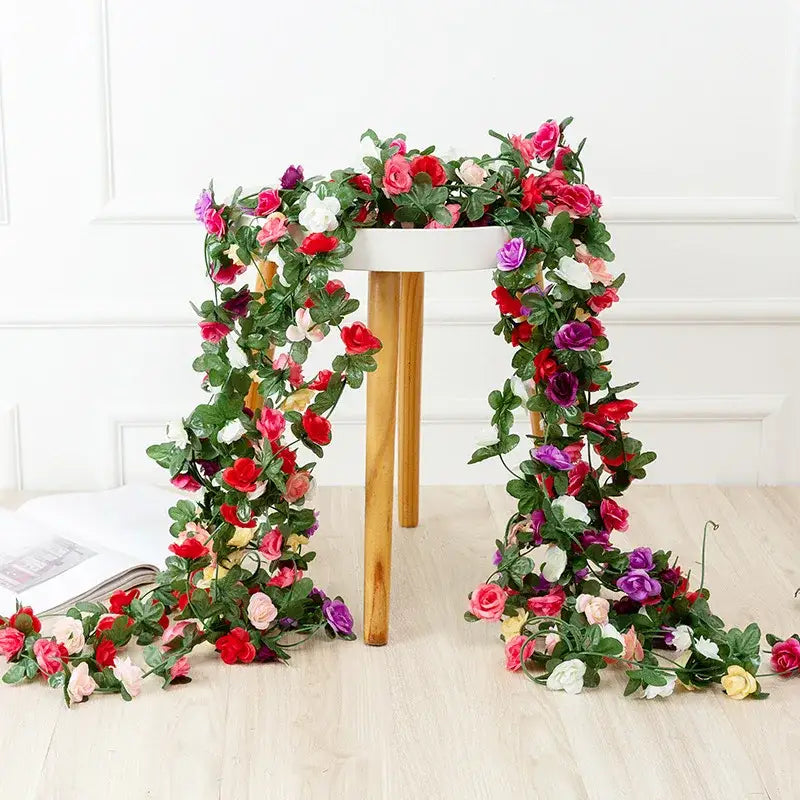 Vibrant multi colored rose flowers vine garland living room decor