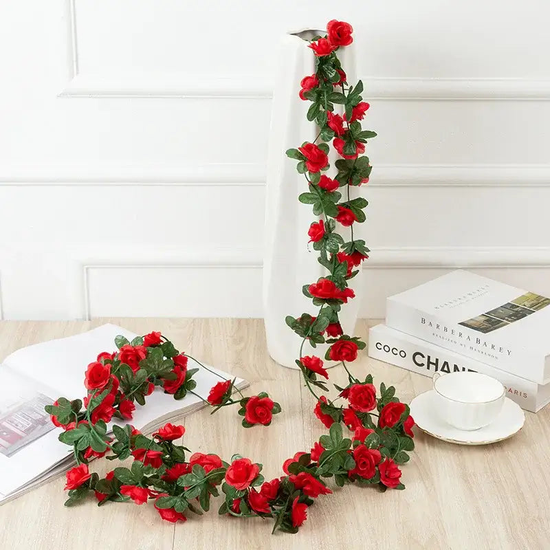 Vibrant multi colored rose flowers vine garland living room decor