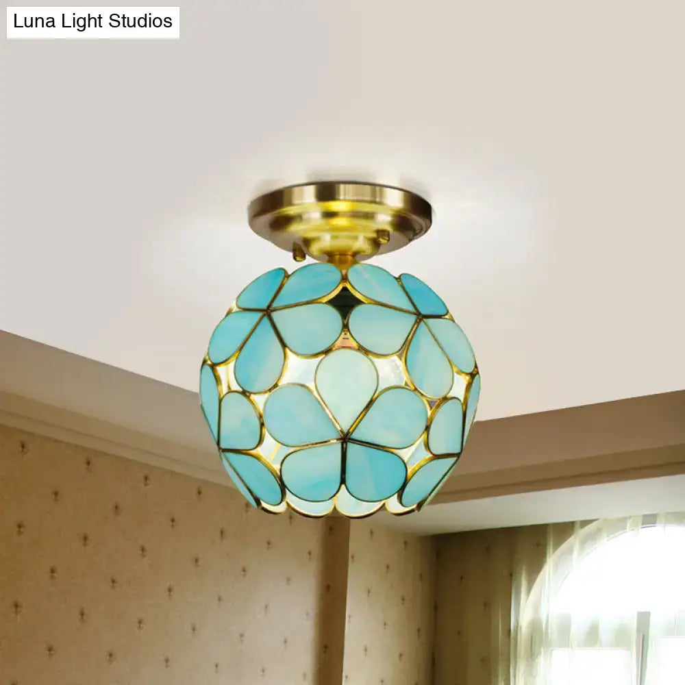 Victorian turquoise stained glass flower ceiling fixture bedroom light
