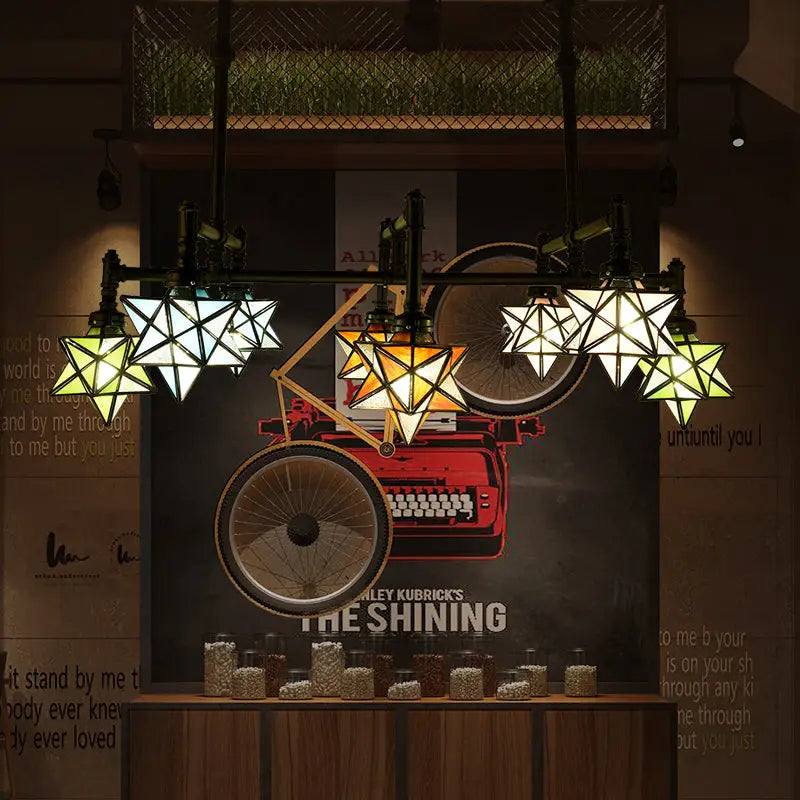 DecorBites™ Rustic Star-Shaped Stained Glass Dining Room Chandelier with 8 Pendant Lights and Hanging Rod