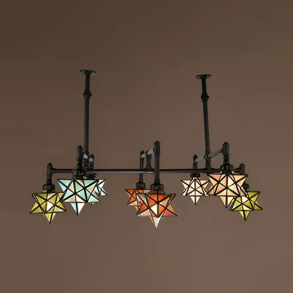 DecorBites™ Rustic Star-Shaped Stained Glass Dining Room Chandelier with 8 Pendant Lights and Hanging Rod