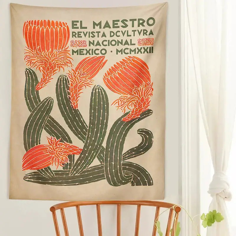 Vintage beige cactus tapestry wall hanging living room decor
