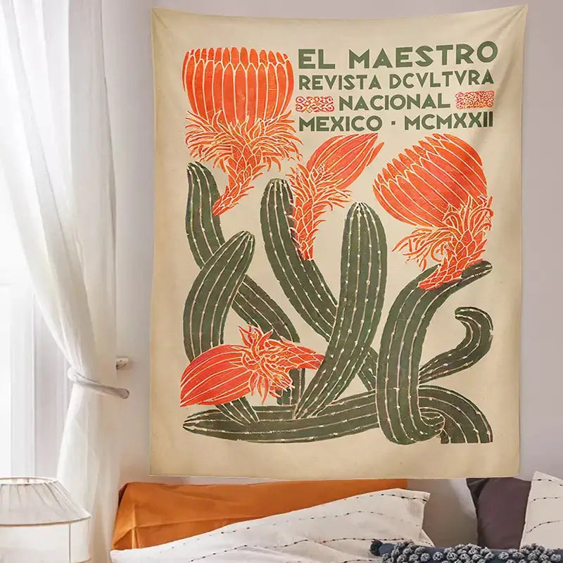 Vintage beige cactus tapestry wall hanging living room decor