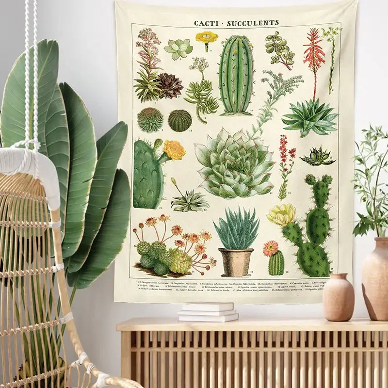 Vintage botanical cactus tapestry wall hanging for bedroom decor
