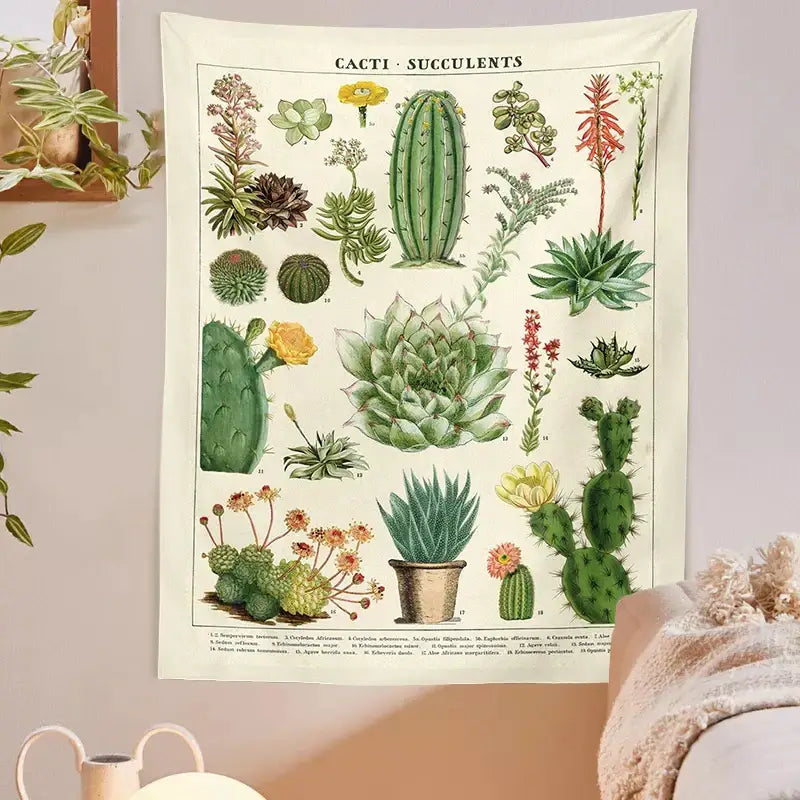 Vintage botanical cactus tapestry wall hanging for bedroom decor