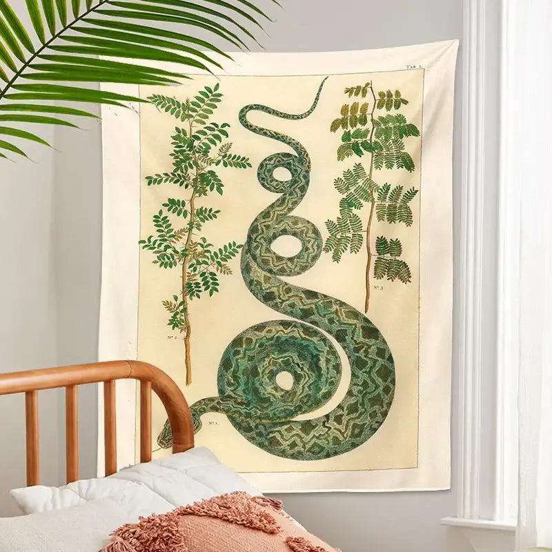 Vintage botanical celestial snake tapestry wall hanging bedroom decor