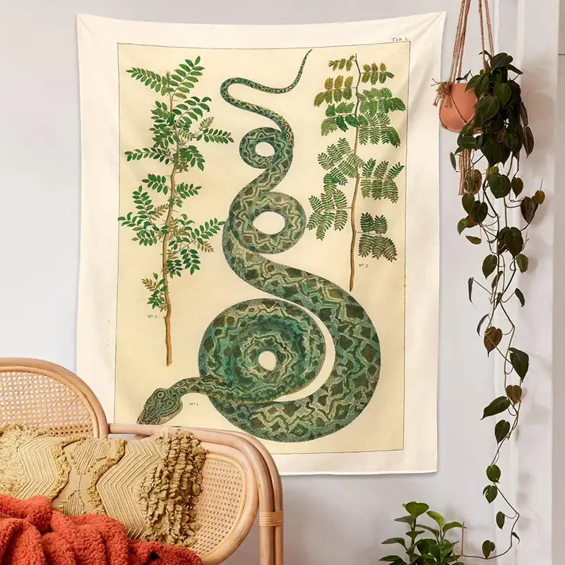 Vintage botanical celestial snake tapestry wall hanging bedroom decor