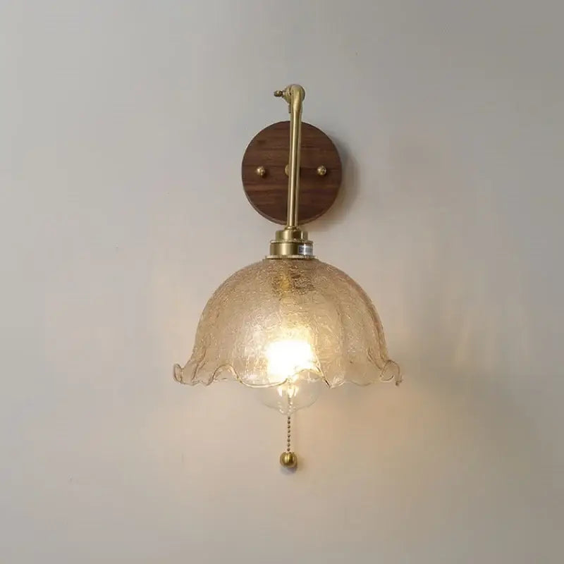 Vintage brass amber glass led wall lights pull chain bedroom sconce