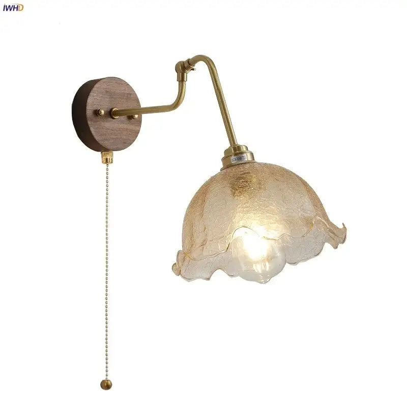 Vintage brass amber glass led wall lights pull chain bedroom sconce