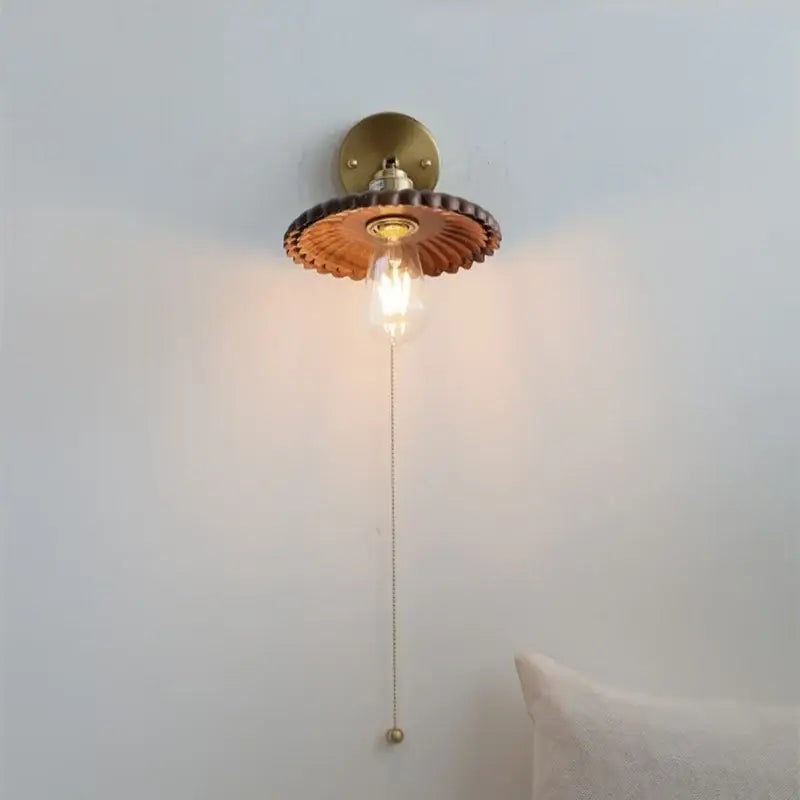 Vintage brass and amber glass wall lamp bedroom scalloped sconce