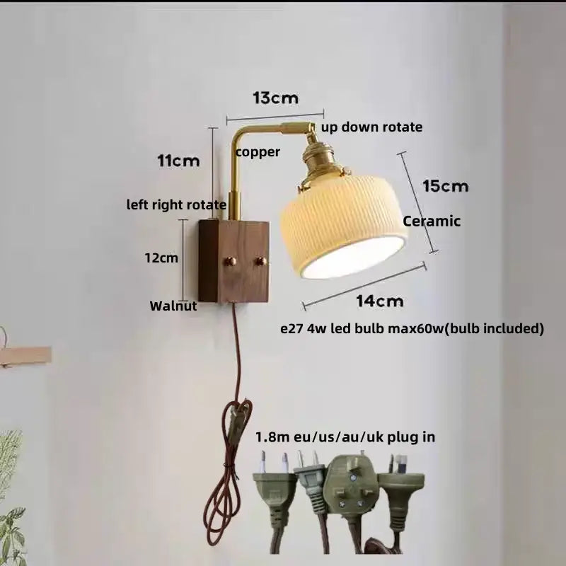 Vintage brass and amber glass wall sconce bedroom ceramic led wall light