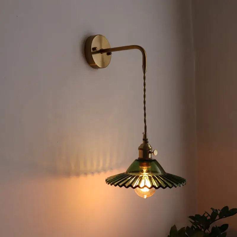 Vintage brass and green glass led wall lamp living room sconce