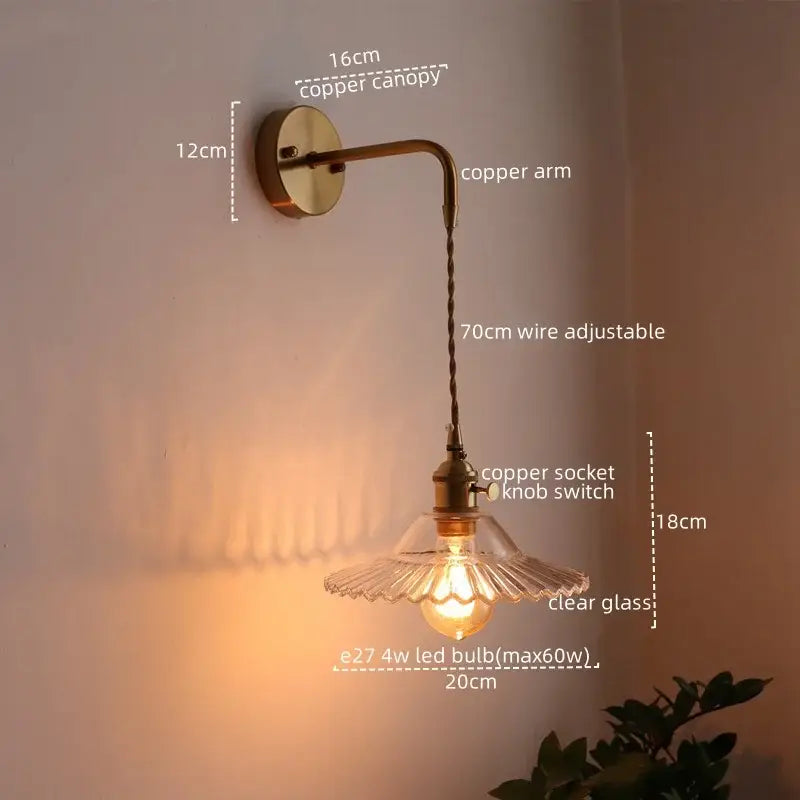 Vintage brass and green glass led wall lamp living room sconce