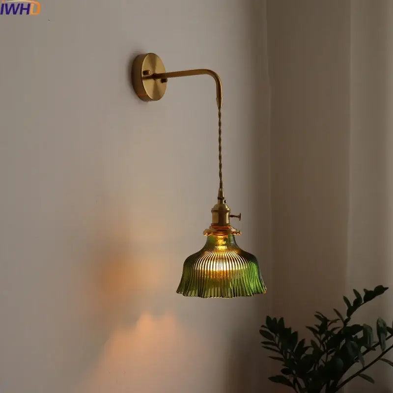 Vintage brass and green glass led wall lamp living room sconce
