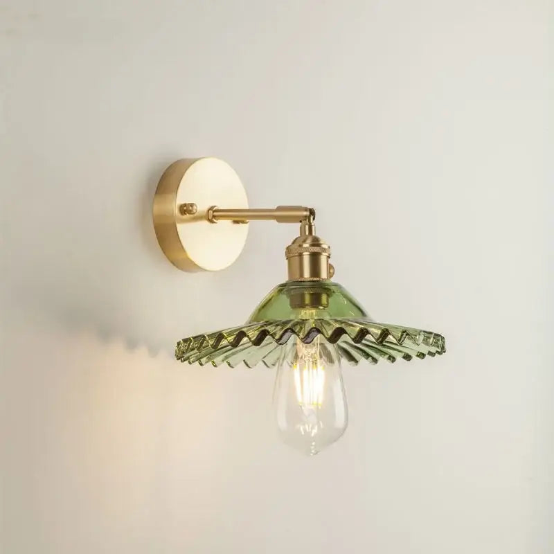 Vintage brass and green glass led wall light bedroom sconce