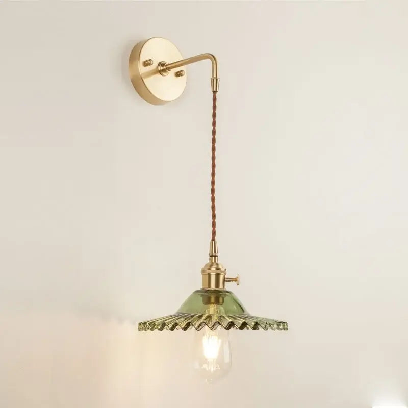Vintage brass and green glass led wall light bedroom sconce