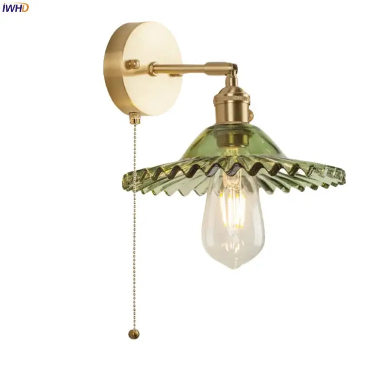 Vintage brass and green glass led wall light bedroom sconce