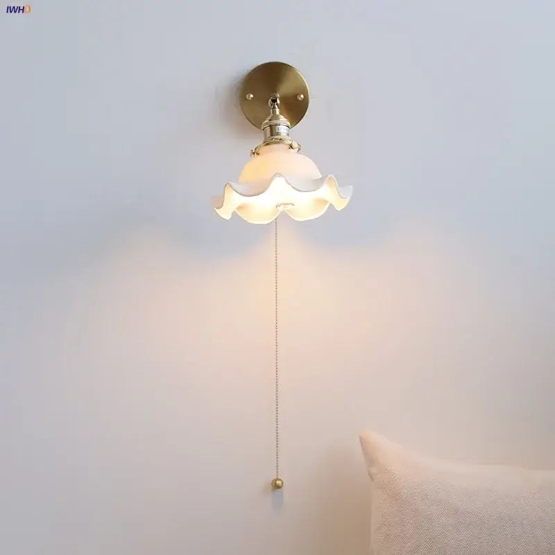 Vintage brass and ruffled glass ceramic led wall light bathroom mirror