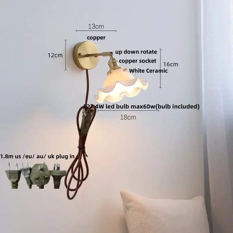 Vintage brass and ruffled glass ceramic led wall light bathroom mirror