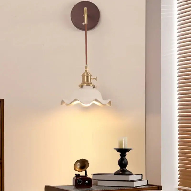Vintage brass and scalloped glass wall sconce bedroom light