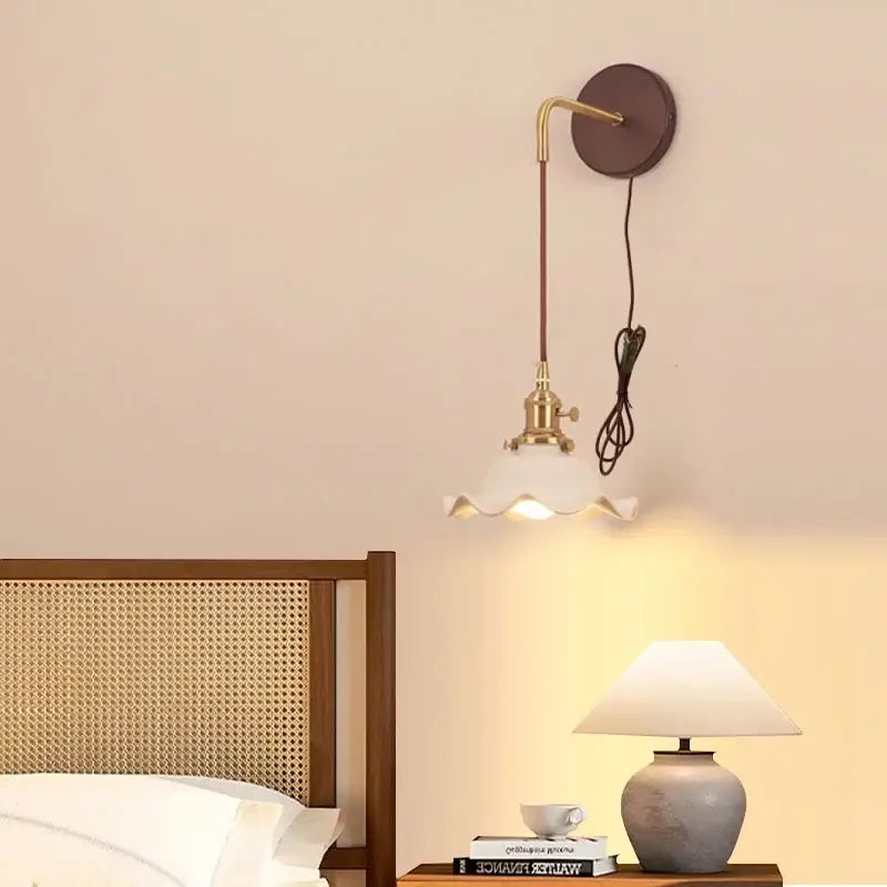 Vintage brass and scalloped glass wall sconce bedroom light