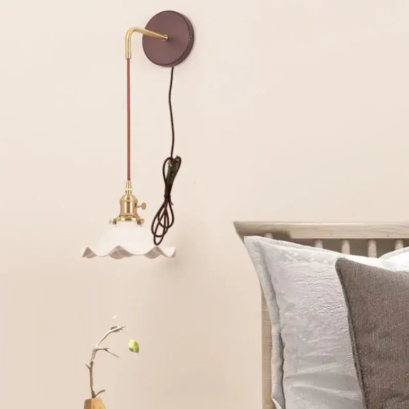 Vintage brass and scalloped glass wall sconce bedroom light