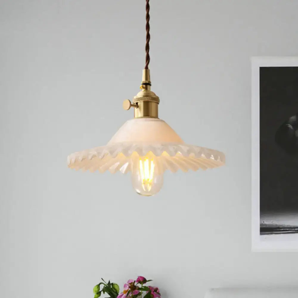 DecorBites™ Chloe - Scalloped Pendant Light: Industrial Brass & White Glass