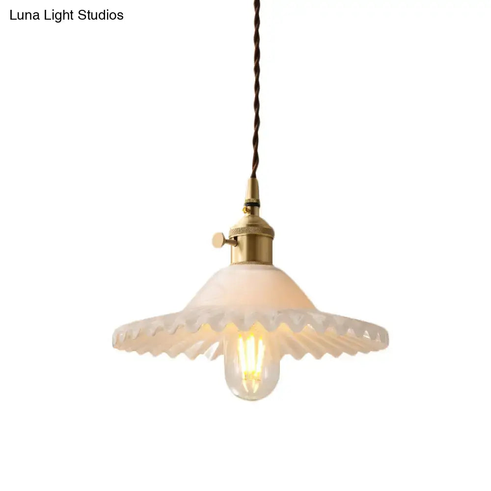 DecorBites™ Chloe - Scalloped Pendant Light: Industrial Brass & White Glass