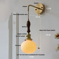 Vintage brass ceramic knob wall lights bedroom ribbed glass sconce