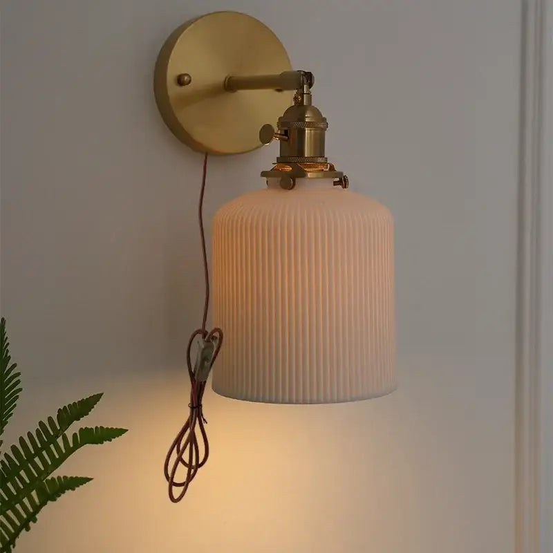 Vintage brass ceramic knob wall lights bedroom ribbed glass sconce