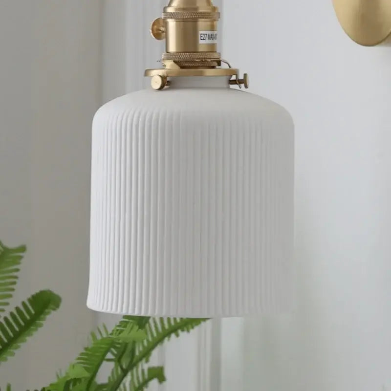 Vintage brass ceramic knob wall lights bedroom ribbed glass sconce