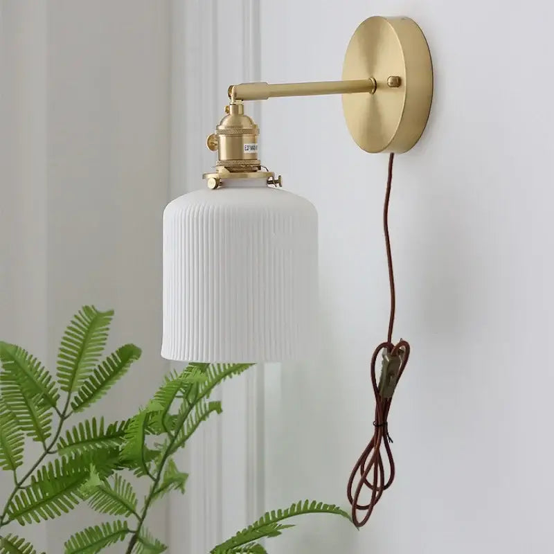 Vintage brass ceramic knob wall lights bedroom ribbed glass sconce