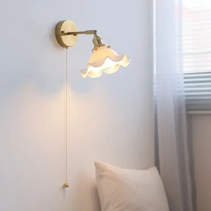 Vintage brass ceramic led wall lights bedroom ruffled glass shade