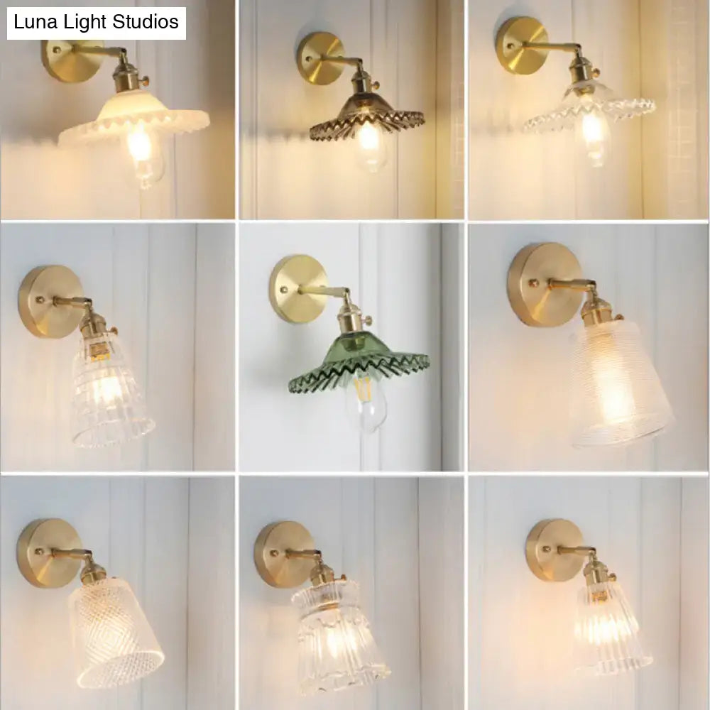Vintage brass clear ribbed glass wall sconce bedroom led light
