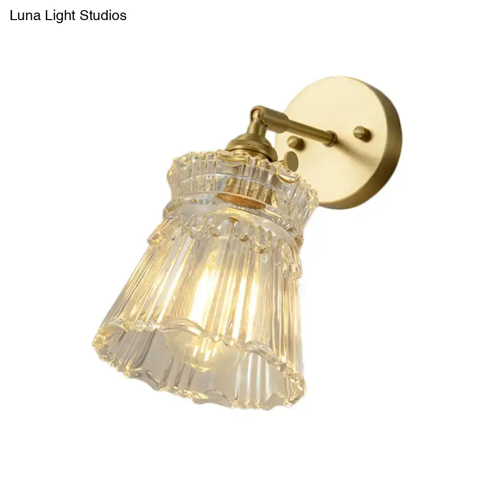 Vintage brass clear ribbed glass wall sconce bedroom led light