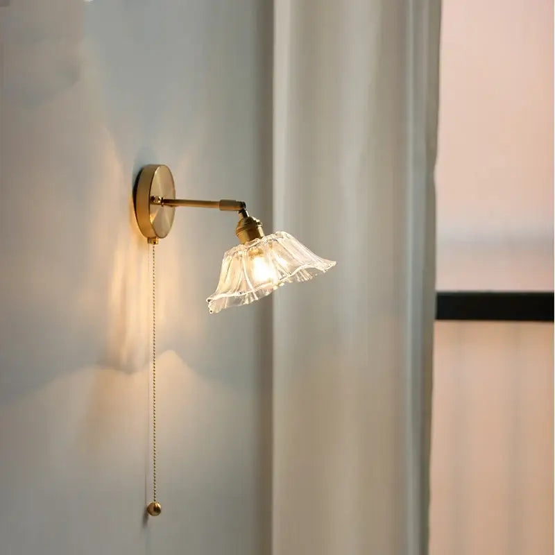 Vintage brass fluted glass bedside sconce wall light for bedroom