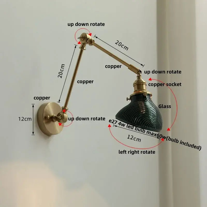 Vintage brass swing arm wall light fixture bedroom glass sconce