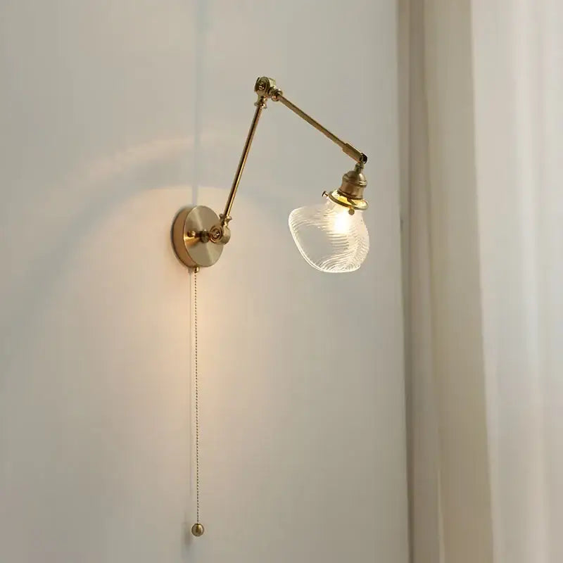 Vintage brass swing arm wall light fixture bedroom glass sconce